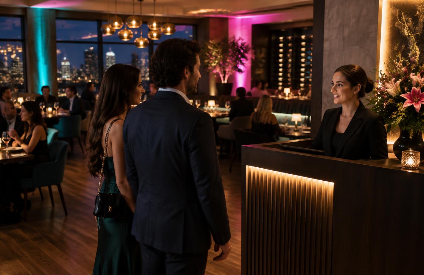 Guests arriving at a modern restaurant host stand